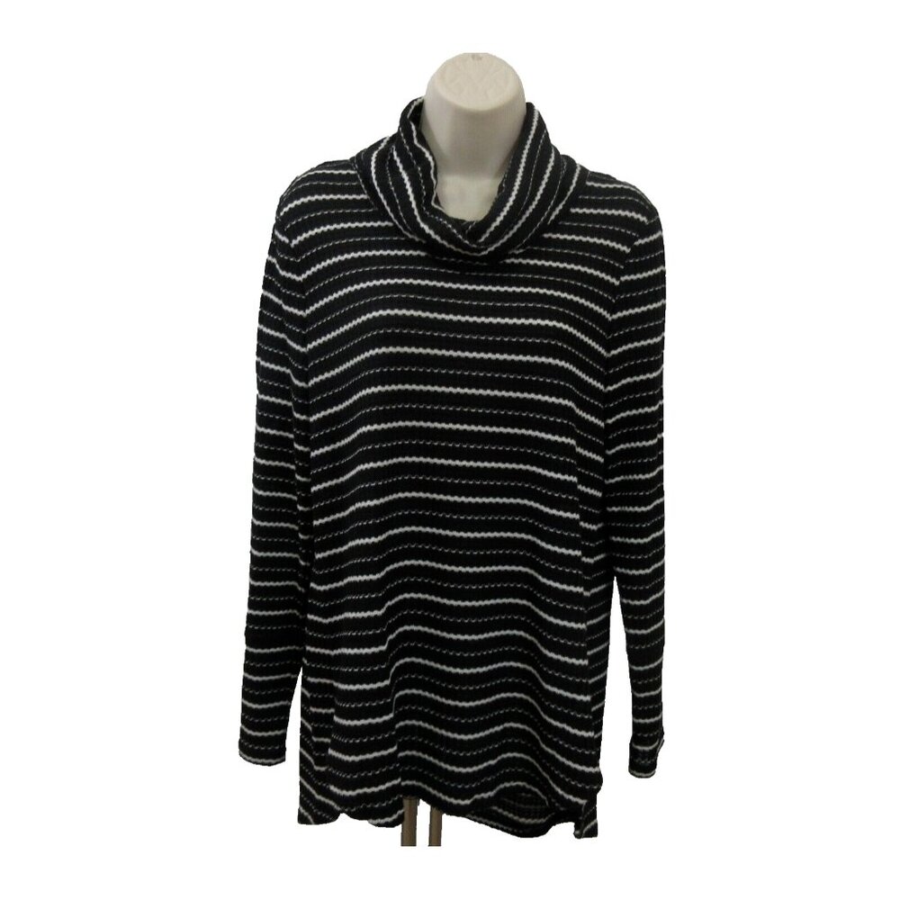 Dana Buchman Tunic Sweater Size Large Cowl Neck Striped Black White Long Sleeve
